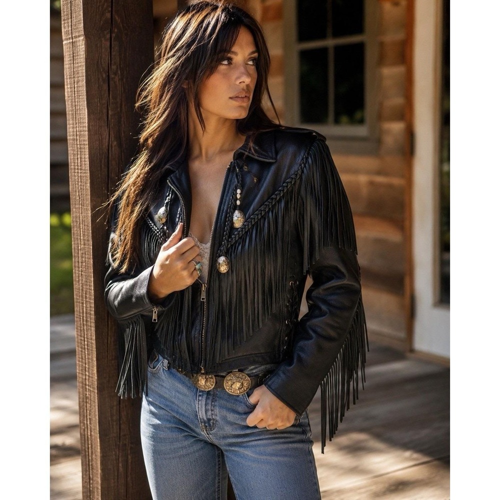 Vintage Natal Leather Black Fringe Motorcycle Jacket Made in USA Western Sz 2/4